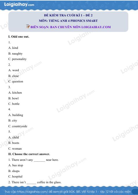 Đề thi học kì 1 Tiếng Anh 4 Phonics Smart - Đề số 2